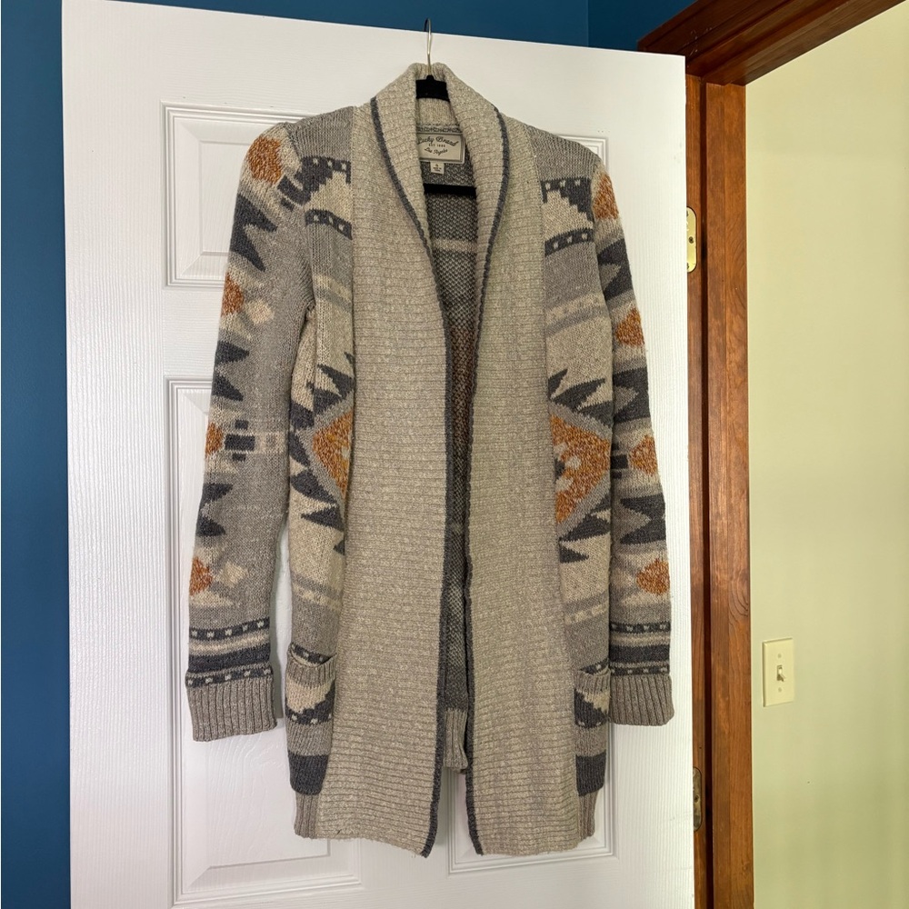 Lucky Brand Beige Aztec Open-Front Cardigan with Rust & Gray Accents